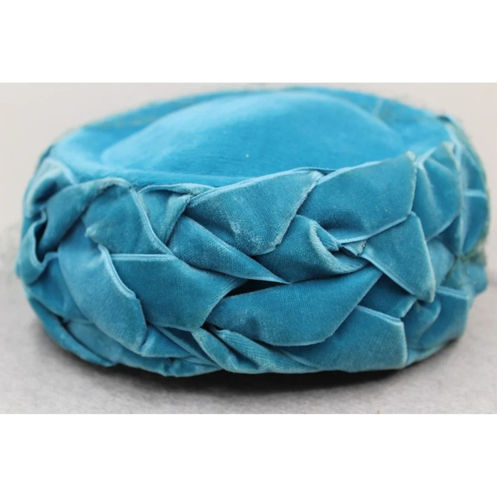 Vintage Hat Women OS Blue Pillbox Braided Velvet Veiled Mid Century Retro